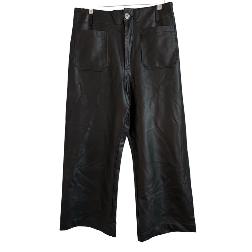 Anthropologie Maeve Colette Black Faux Leather Wide Leg Pants Size 32 High Waist